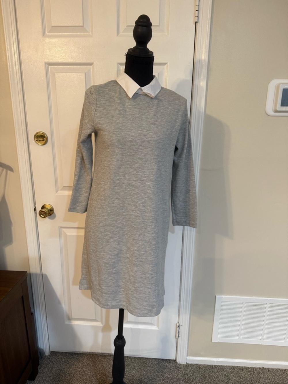 Zara Grey Long-Sleeve Shift Dress with White Mock Collar